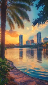 Tropical city skyline glows above a tranquil sunset lake