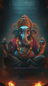 Luminous Ganesha in ember-lit sanctuary of calm blessing.