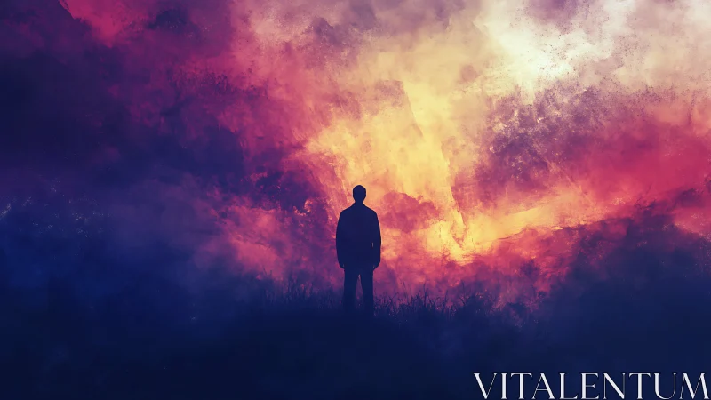 Silhouette figure before vivid abstract sky gradient field.