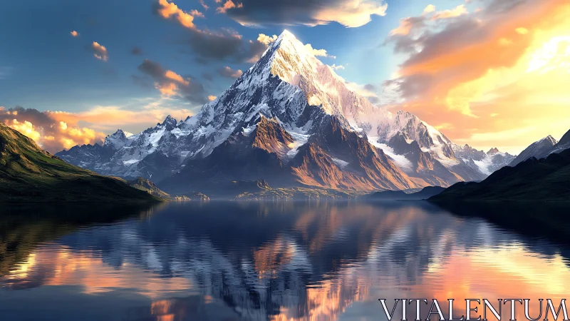 Snowcapped mountain peak dominates mirrored alpine lake at dusk