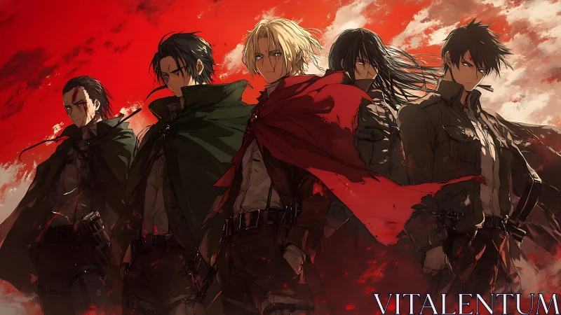 Five anime soldiers stand under red stormy sky.
