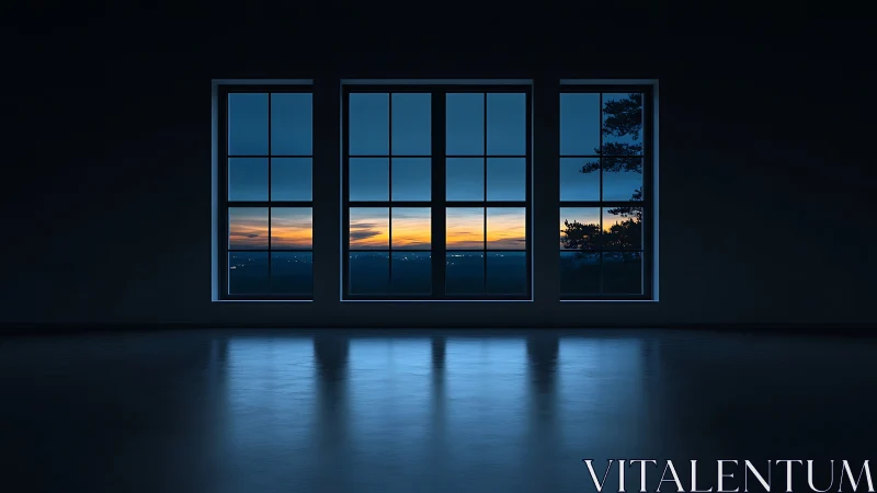 Empty dark interior frames sunset through three tall windows