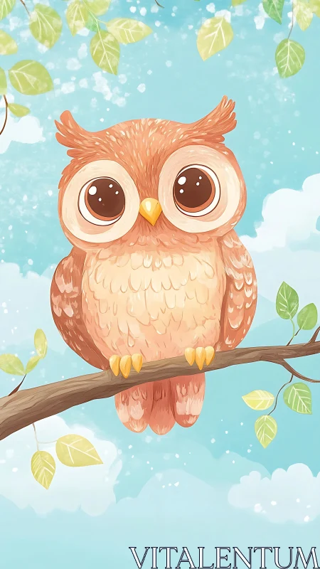 Big-eyed baby owl perched on branch in pastel sky scene.