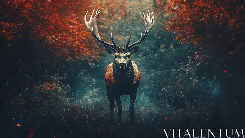 Majestic stag stands calmly in a glowing autumn forest glade