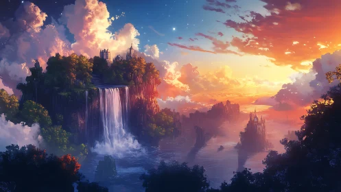 Sunlit cliffside citadel above cascading ocean waterfall.