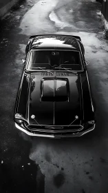 Overhead study of glossy black vintage muscle car elegance.