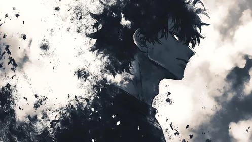 Solitary anime figure dissolves into stormlike ink clouds