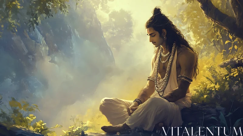 Serene robed ascetic seated in soft forest light.