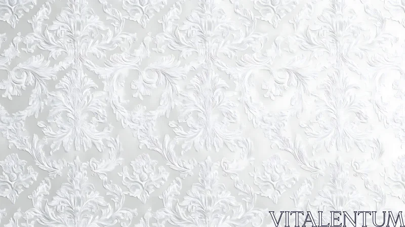 White damask wallpaper with raised baroque floral pattern.