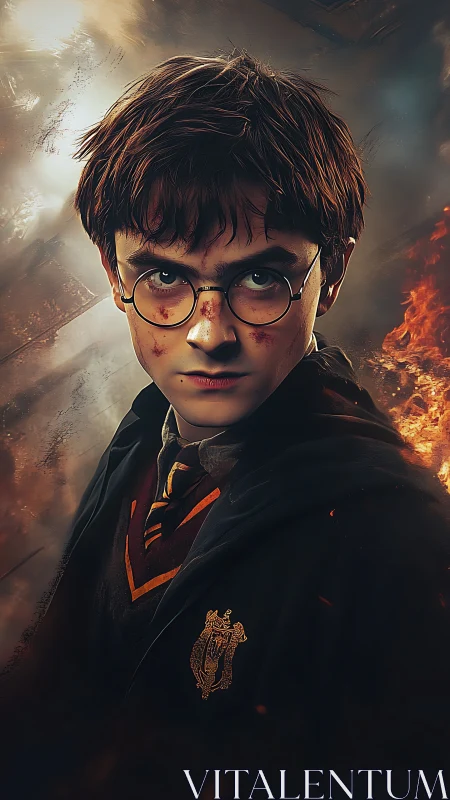 Young wizard in uniform amid fire and smoke background.