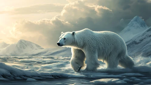 Polar monarch strides through sunlit shards of frozen sea