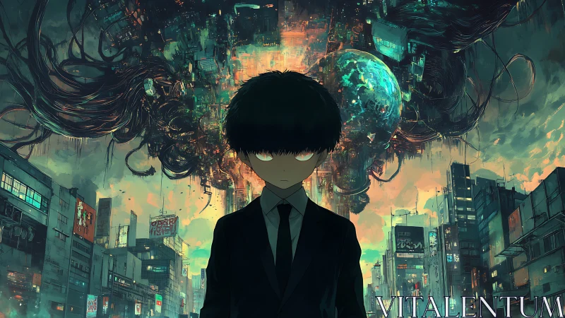 Neon-eyed boy before a tangled techno-apocalypse sky.