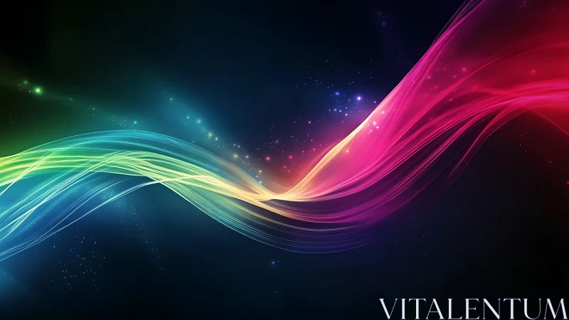 Glowing neon light waves sweep across a deep cosmic night