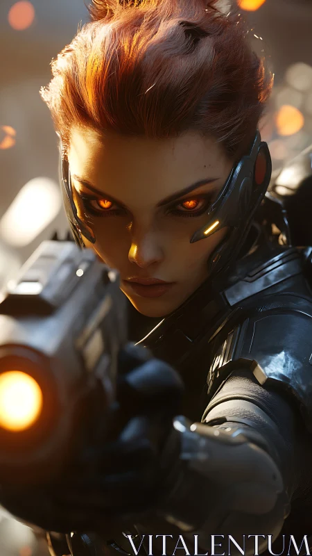 Cybernetic huntress aims weapon in high-intensity close-up