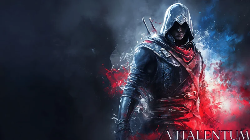 Hooded rogue strides through swirling red and blue smoke