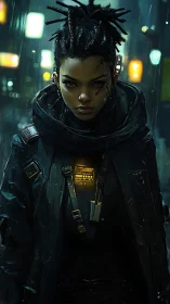 Lone cyberpunk wanderer glowing softly in neon rain.