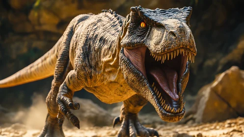 Roaring dinosaur charges forward in rocky canyon environment
