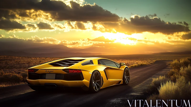 Golden supercar accelerates into cinematic desert sunset light