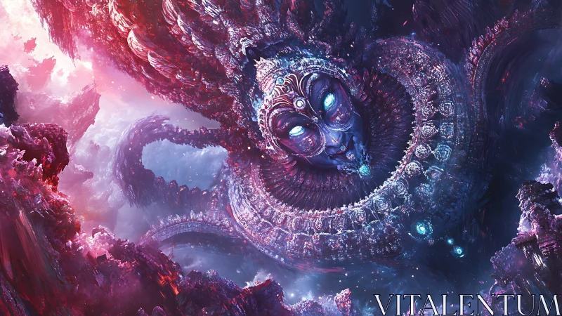 Cosmic serpent temple and luminous guardian in deep space.