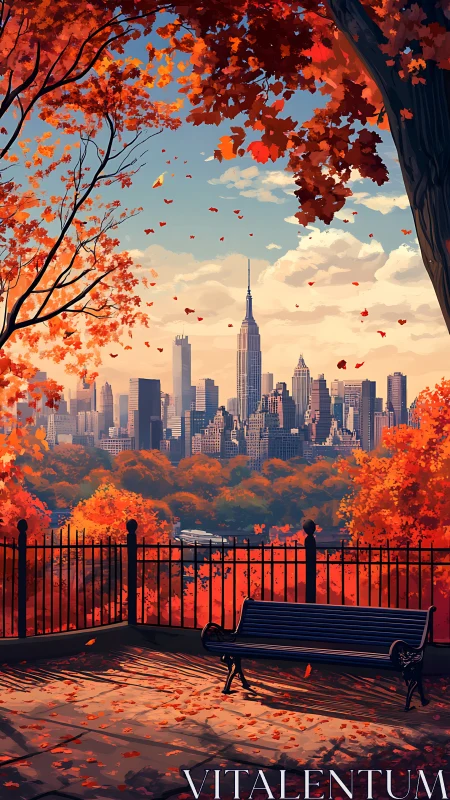 Autumn city overlook with skyline framed by red trees.