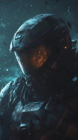 Stoic space soldier pauses in a storm of drifting starlight