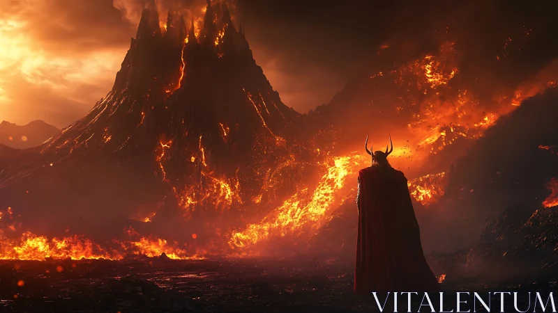 Armored horned figure surveys erupting basaltic volcano in dusk light