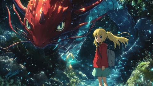 Anime forest encounter with giant glowing river dragon.