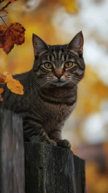 Tabby Guardian Perches Between Seasons on Weathered Wood