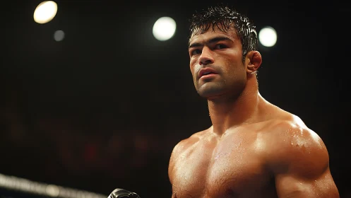 Professional boxer in ring, intense focus under bright lights.