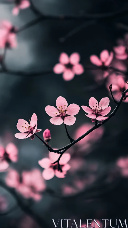 Delicate pink cherry blossoms bloom on dark branches