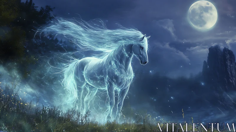 Luminous spirit horse beneath a misty enchanted moonlit sky.