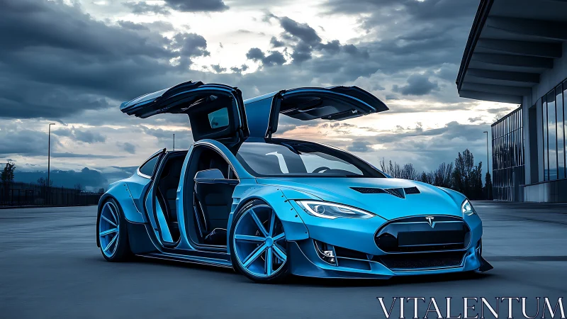 Electric supercar with gullwing doors dominates urban dusk.