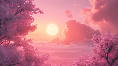 Pink cherry blossom clouds frame luminous pastel sunset sky