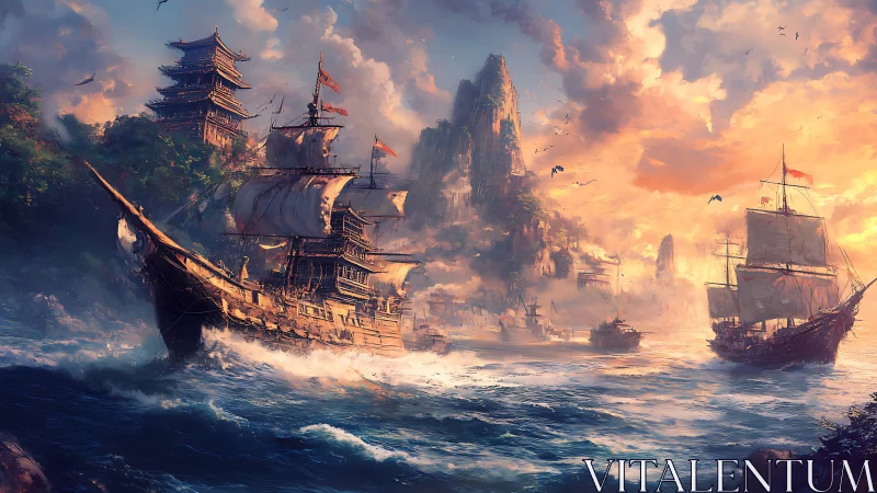 Sailing ships approach mountainous coastal stronghold port.