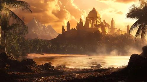 Coastal palace complex under dense sunset cloud cover.