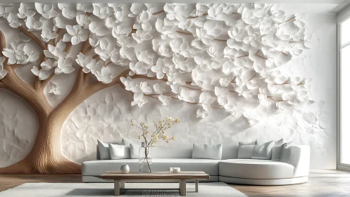 Wall relief of stylized tree behind curved sofa in lounge.