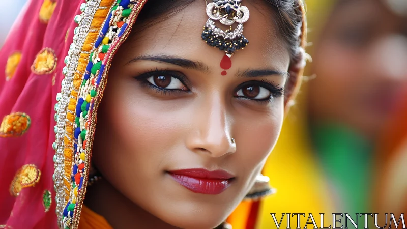 Portrait of Woman in Traditional Indian Attire with Ornate Jewelry.