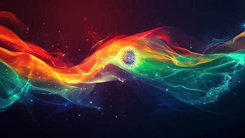 Abstract tricolor energy wave with central radial emblem