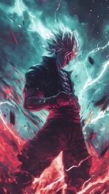 Storm-lit anime warrior glowing with fiery inner power.