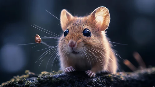 Close-up view of a small mouse on a branch in low light.