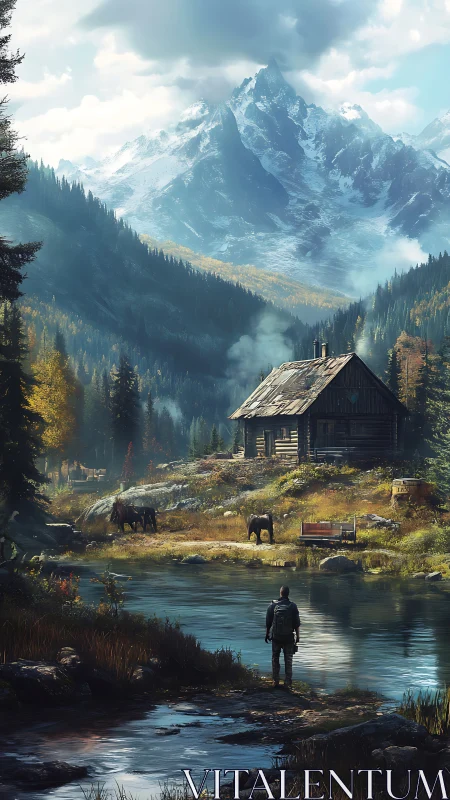 Digital painting of alpine cabin refuge with lone hiker perspective.