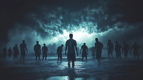 Silhouetted figures standing in shallow water under storm clouds.