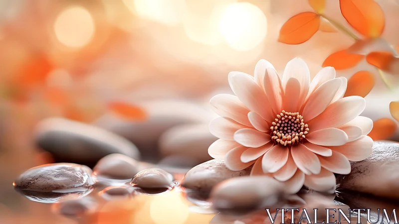 Soft peach blossom rests over zen pebbles at sunset.