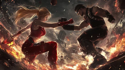 Two cyber warriors clash in a fiery apocalyptic arena