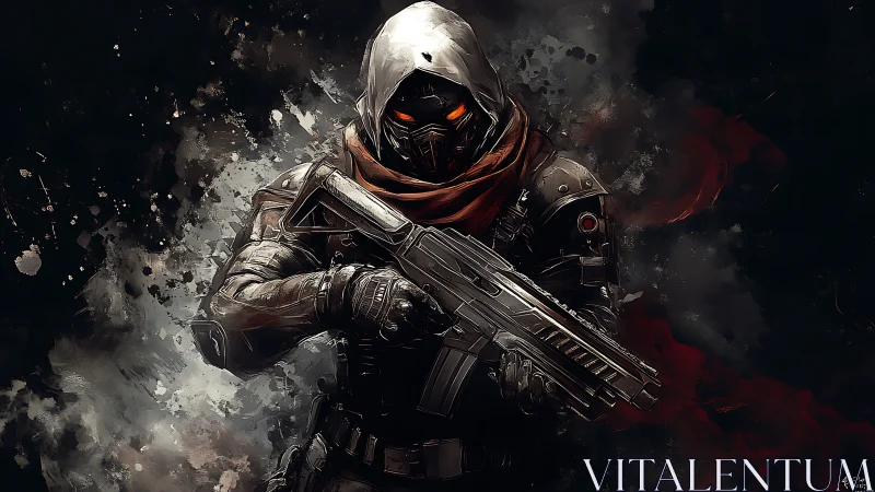 Hooded sci fi guardian with glowing eyes and heavy rifle.