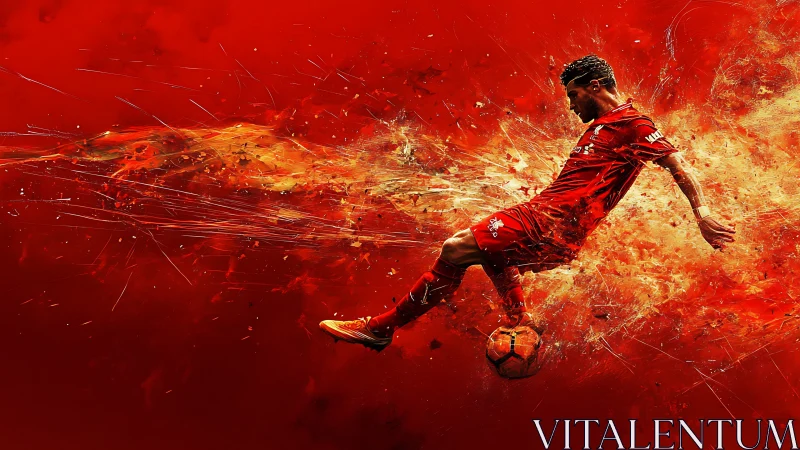 Explosive soccer kick ignites red abstract digital energy.