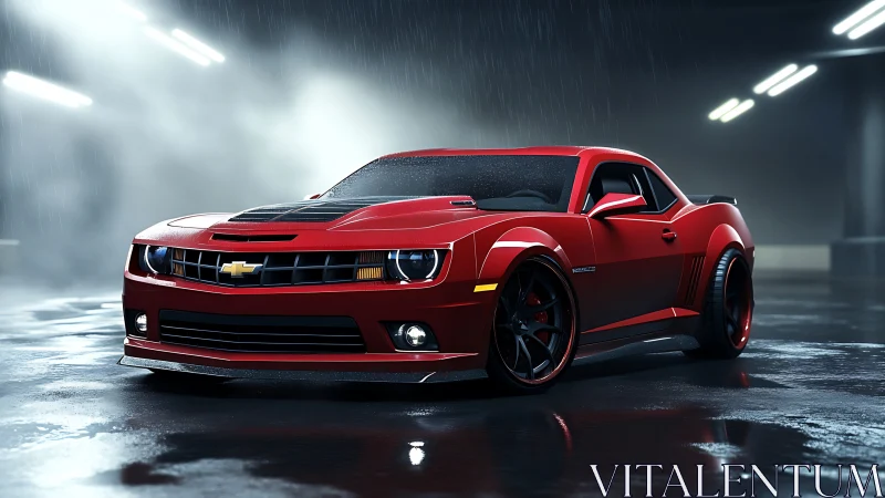 Red Chevrolet Camaro muscle car in wet neon-lit parking structure