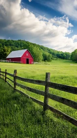 Red barn beside wooden fence in wide green pasture.