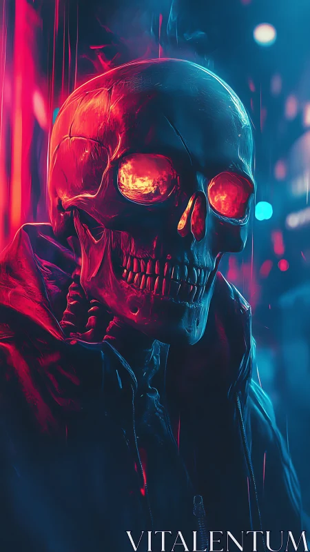 Neon skull wanderer glowing through the midnight city streets.