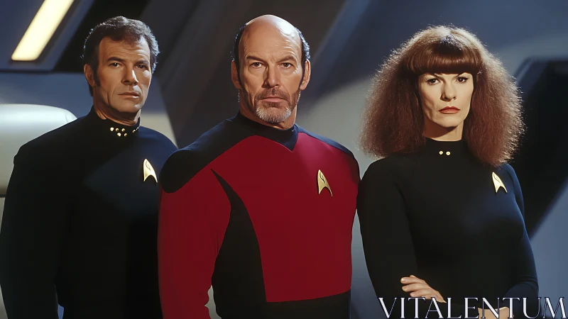 Confident starship officers stand united on the bridge scene